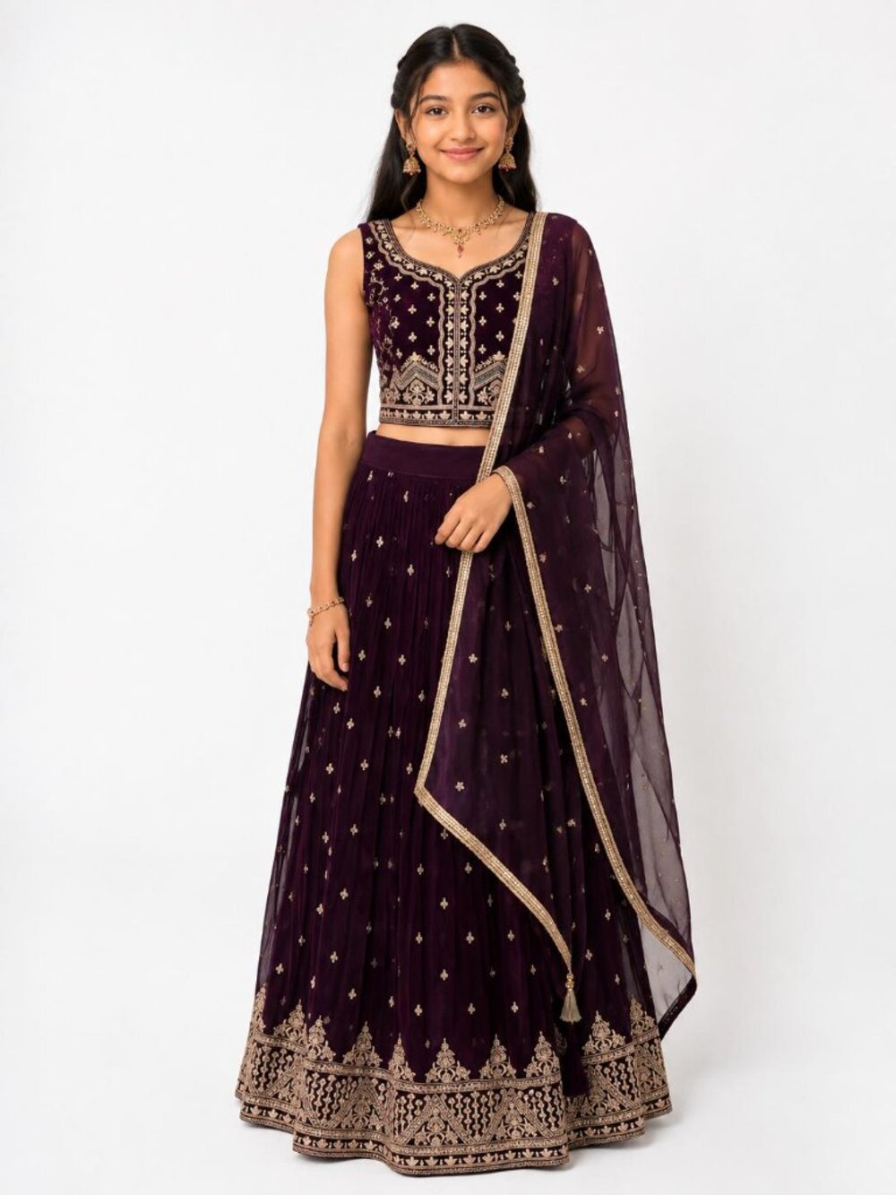 Girls' Wine Purple Embroidered Lehenga Set | Indian Wedding & Festive Wear